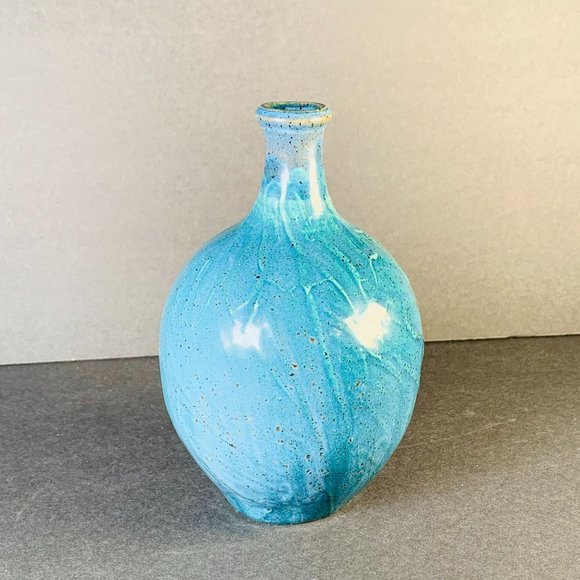 Jane Field Art Pottery Blue Ceramic Vase Striated Signed